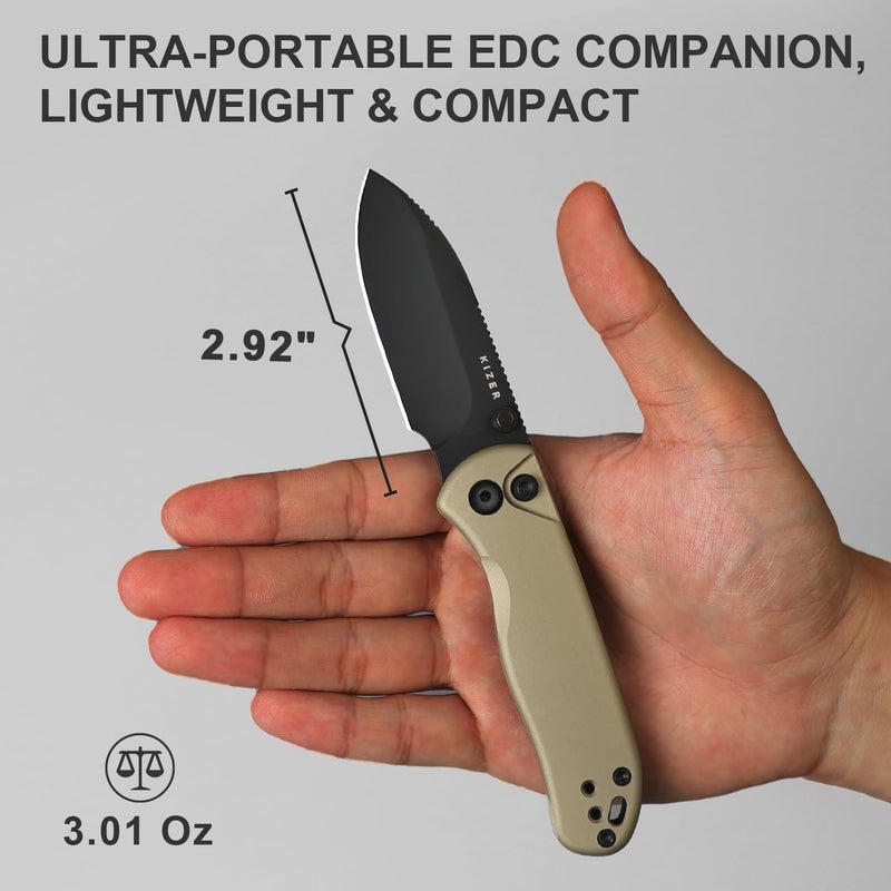 KIZER Drop Bear 2 Pocket Knife, 2.92" Nitro-V Drop Point Blade Folding Knife with Tan Aluminum Handle, Button Liner Lock EDC Knives with Jimping on Spine for Men Women V3619.2CD1 - Image 2